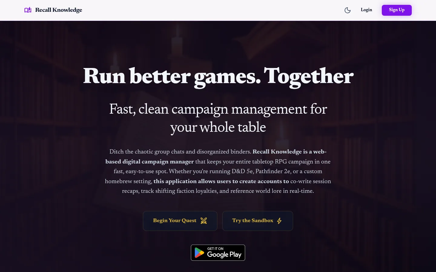 Recall Knowledge homepage: Run better games. Together