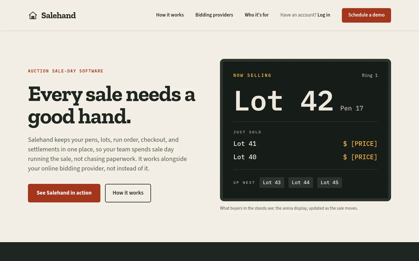 Salehand homepage with the live arena lot display